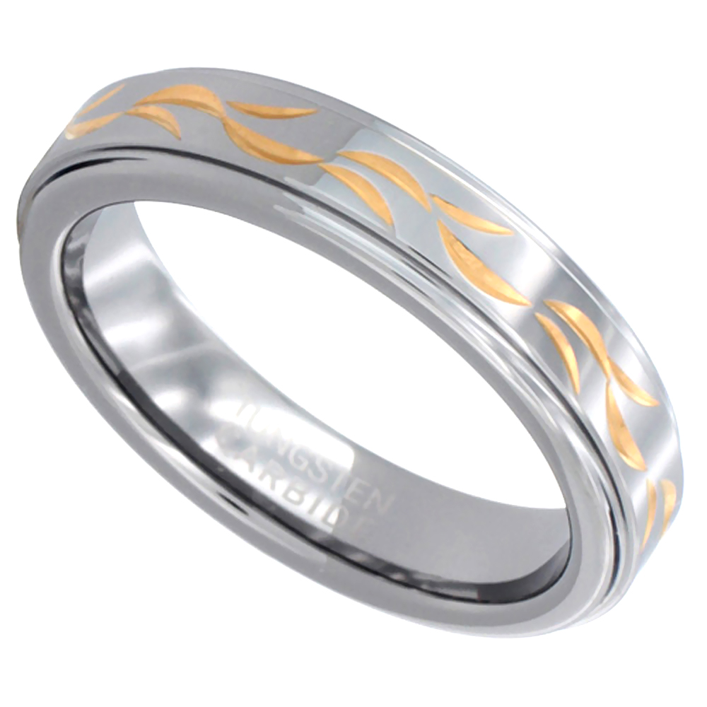Ladies 4.5mm Tungsten 900 Wedding Ring Golden Vine Handcarved Recessed Edges Comfort fit, sizes 6 - 9