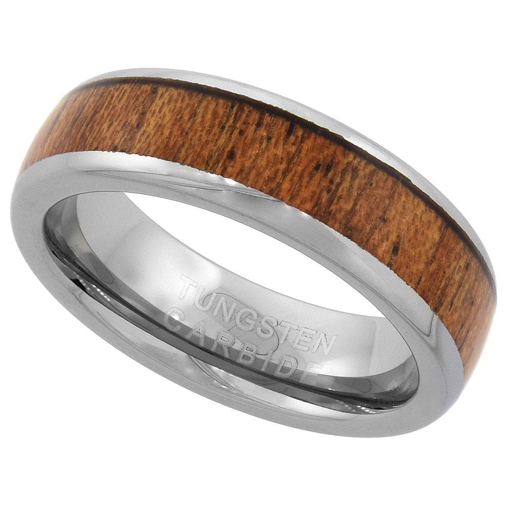 6mm Tungsten Carbide Wood Inlay Wedding Ring Polished Edges Comfort fit sizes 5 - 9