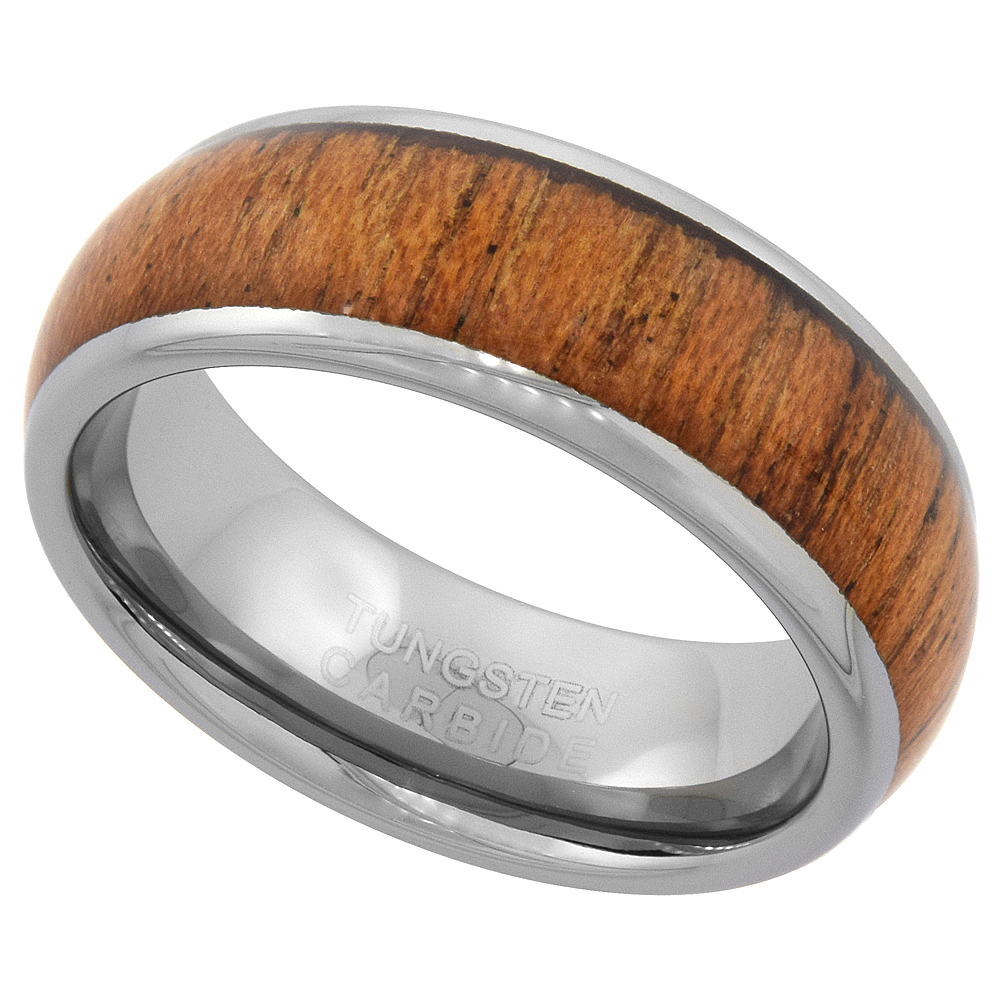 8mm Tungsten Carbide Wood Inlay Wedding Ring Polished Edges Comfort fit sizes 9 - 13