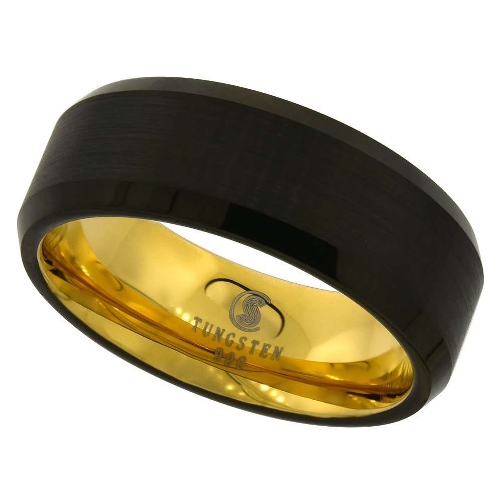 8mm Black Tungsten Carbide Wedding Ring Brushed Finish Gold Inside Beveled Edge Comfort fit sizes 9 -13