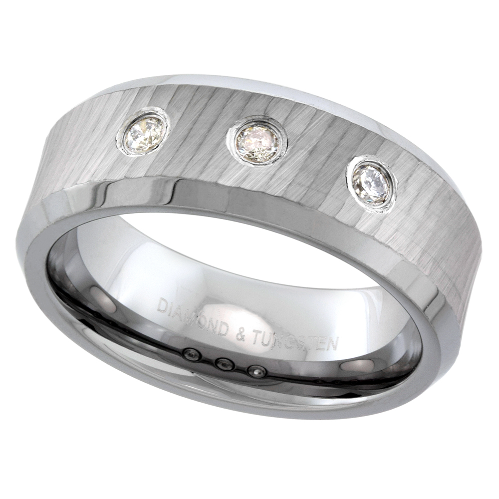 8mm Tungsten 3 Stone Diamond Wedding Ring Dazzling Cut Finish Beveled Edges Comfort fit sizes 8 to 13