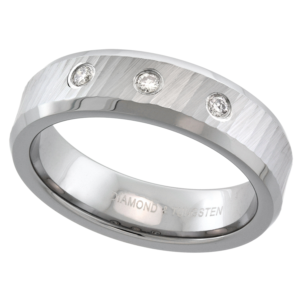 6mm Tungsten 3 Stone Diamond Wedding Ring for Him & Her Diamond Cut Beveled Comfort fit sizes 4 to 9.5