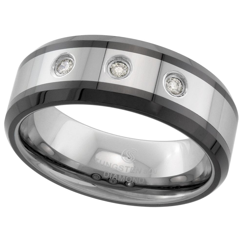 8mm Tungsten 3 Stone Diamond Wedding Ring Beveled Black Ceramic Inlay Edges Comfort fit sizes 8 to 13