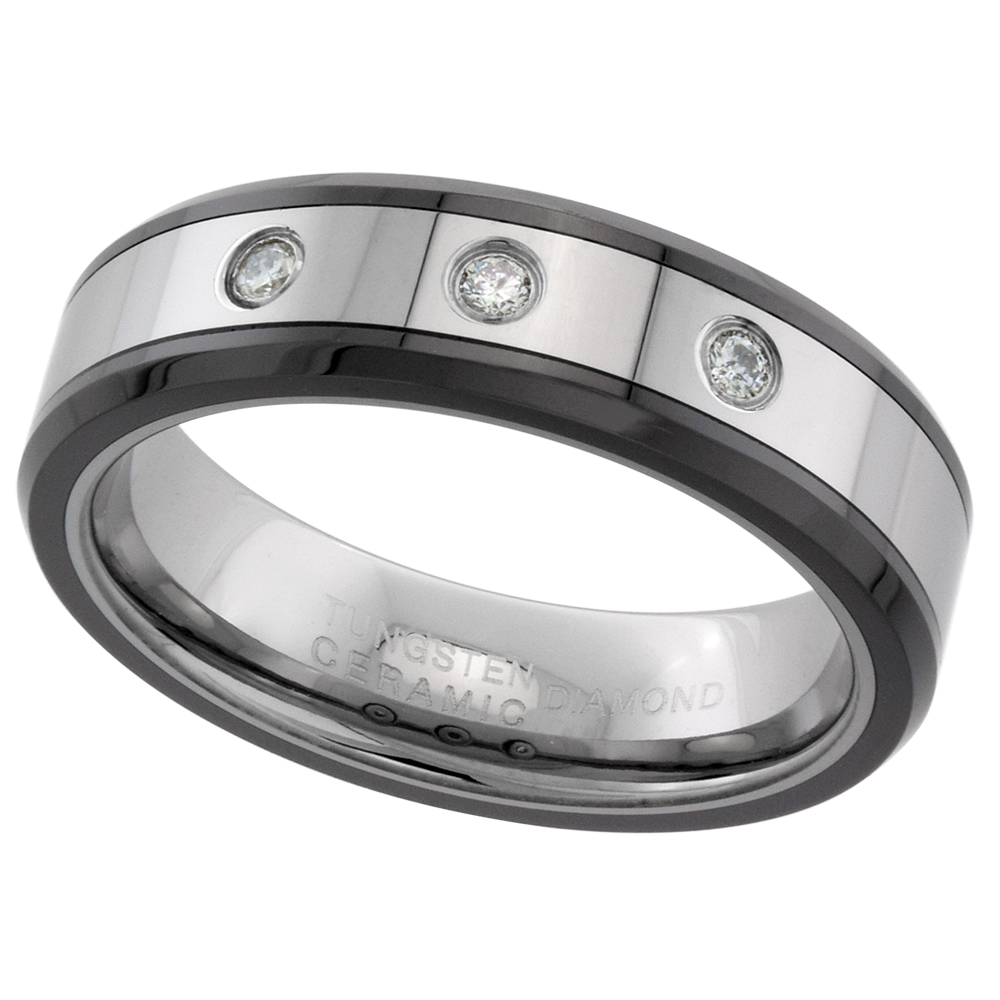 6mm Tungsten 3 Stone Diamond Wedding Ring for Him & Her Beveled Black Ceramic Edges Comfort fit sizes 5 to 9.5