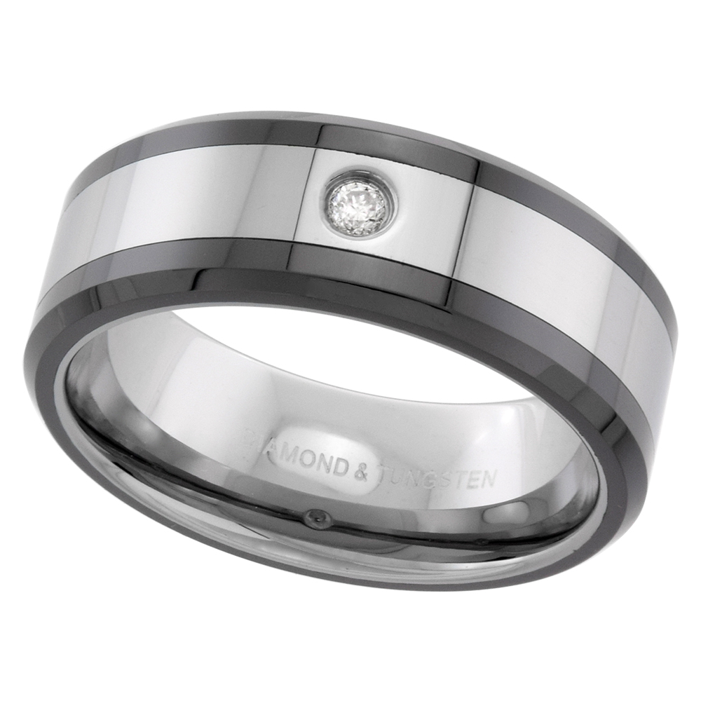 8mm Tungsten Diamond Wedding Ring Beveled Black Ceramic Inlay Edges Comfort fit sizes 8 to 13