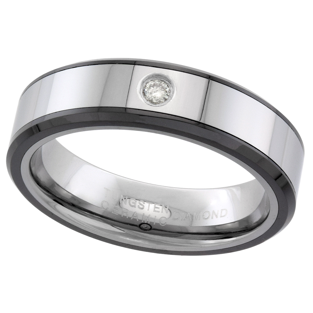 6mm Tungsten Diamond Wedding Ring for Him & Her Beveled Black Ceramic Edges Comfort fit sizes 4 to 9.5