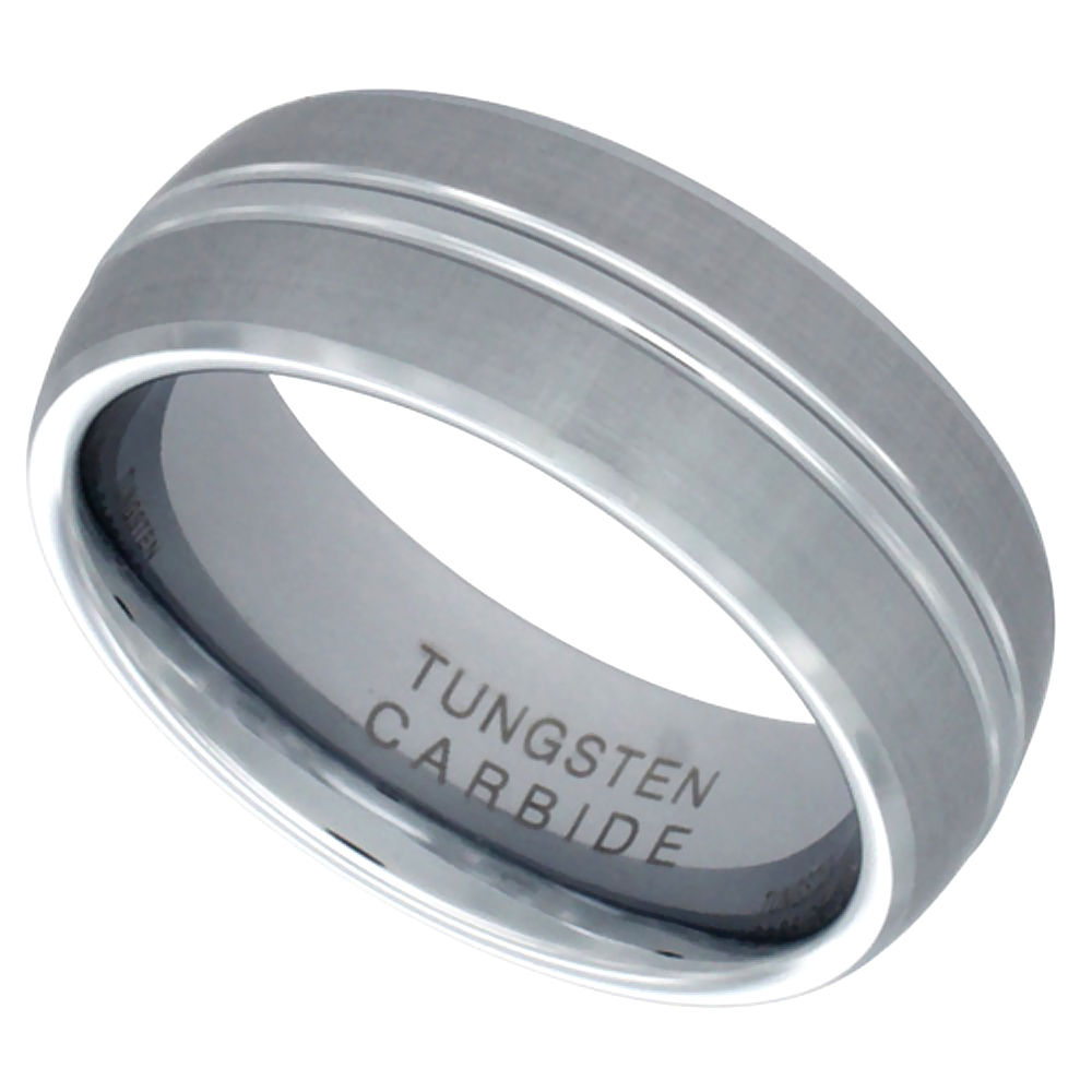 6-8mm Matching Set Grooved Tungsten Carbide Wedding Band Ring for Men & Women Satin Finish Beveled Edges Comfort fit sizes 7 - 14