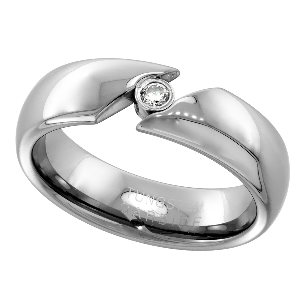6mm Tungsten Carbide Wedding Ring Domed Ladies CZ Tension Set High Polish Comfort fit sizes 6 - 9