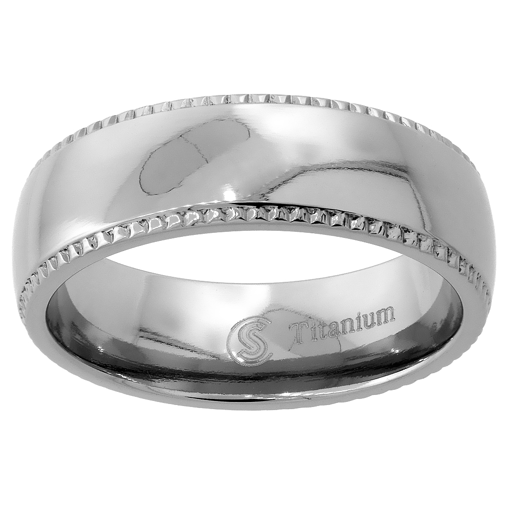Titanium 7mm Domed Milgrain Wedding Band Ring for Men Comfort Fit High Polished sizes 7-14