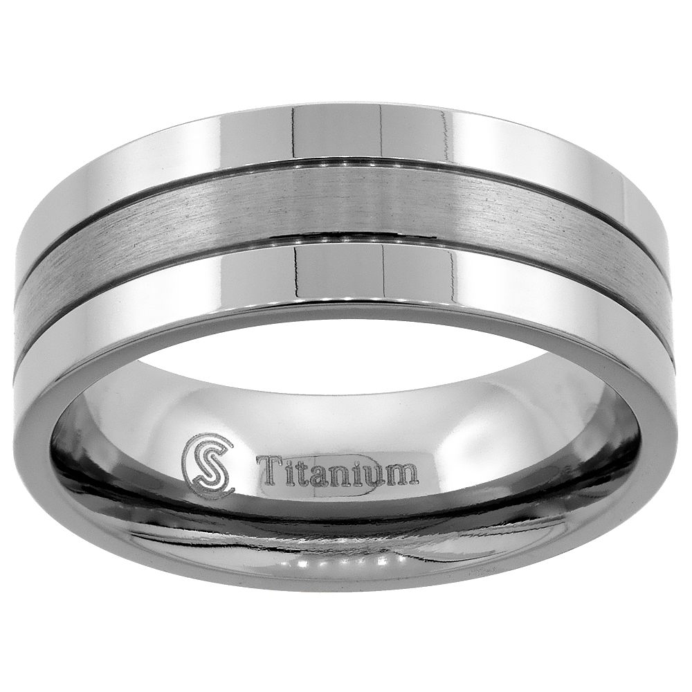 Titanium 8mm Wedding Band Ring 2 Grooves Brushed Center Flat Comfort Fit, sizes 7 - 14