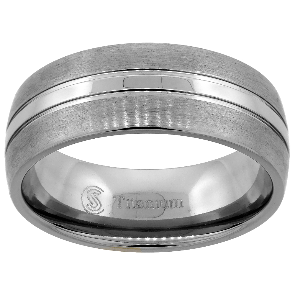 Titanium 8mm Wedding Band Ring Polished Stripe Center Brushed Edges Domed Comfort Fit, sizes 7 - 14