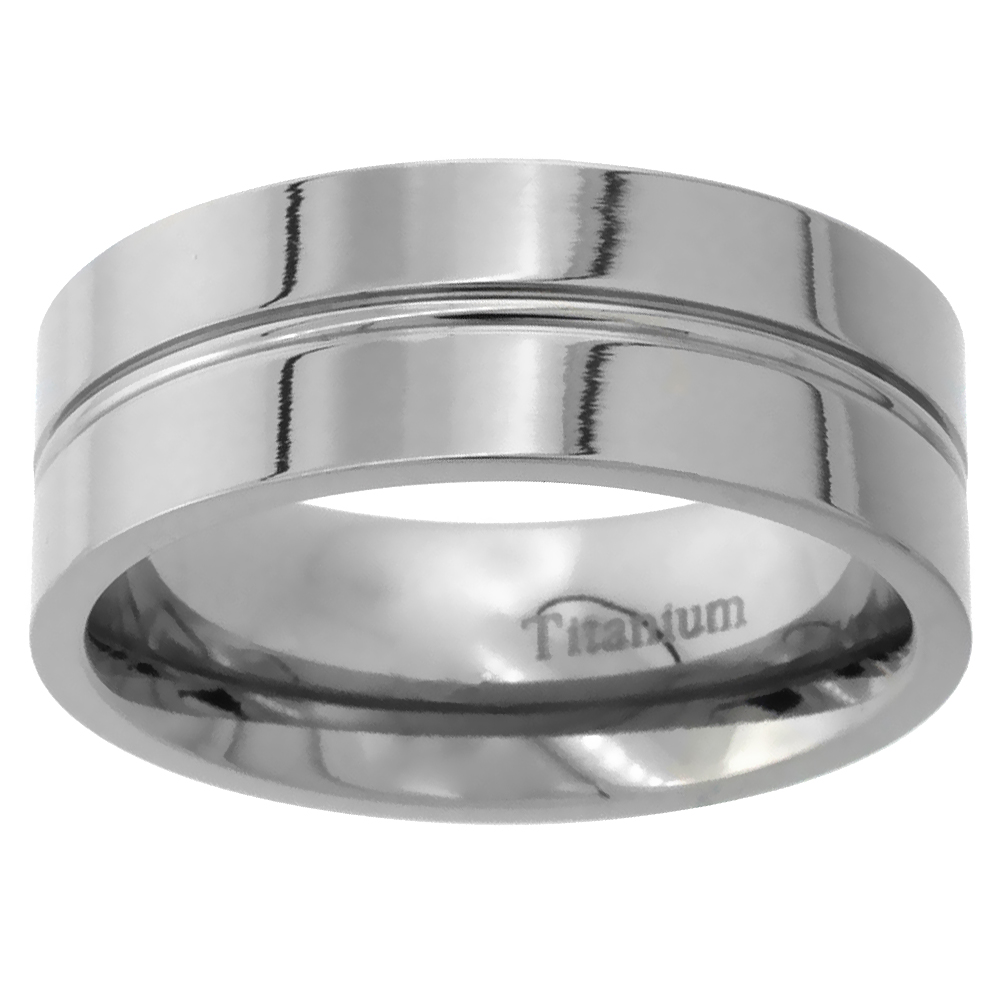 Titanium 8mm Wedding Band Ring Convex Groove Center Flat polished Finish Comfort Fit, sizes 7 - 14