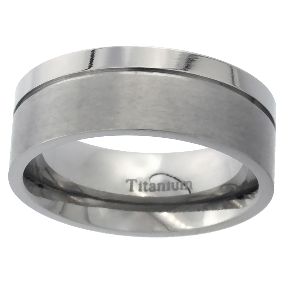 Titanium 8mm Wedding Band Ring Grooved Squared Edges Brushed & Polished Finish Comfort Fit, sizes 7 - 14