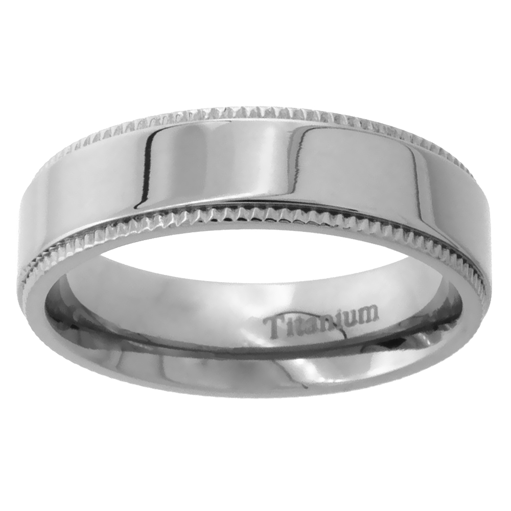 Titanium 6mm Wedding Band Milgrain Ring Polished Flat Comfort Fit, sizes 7 - 14