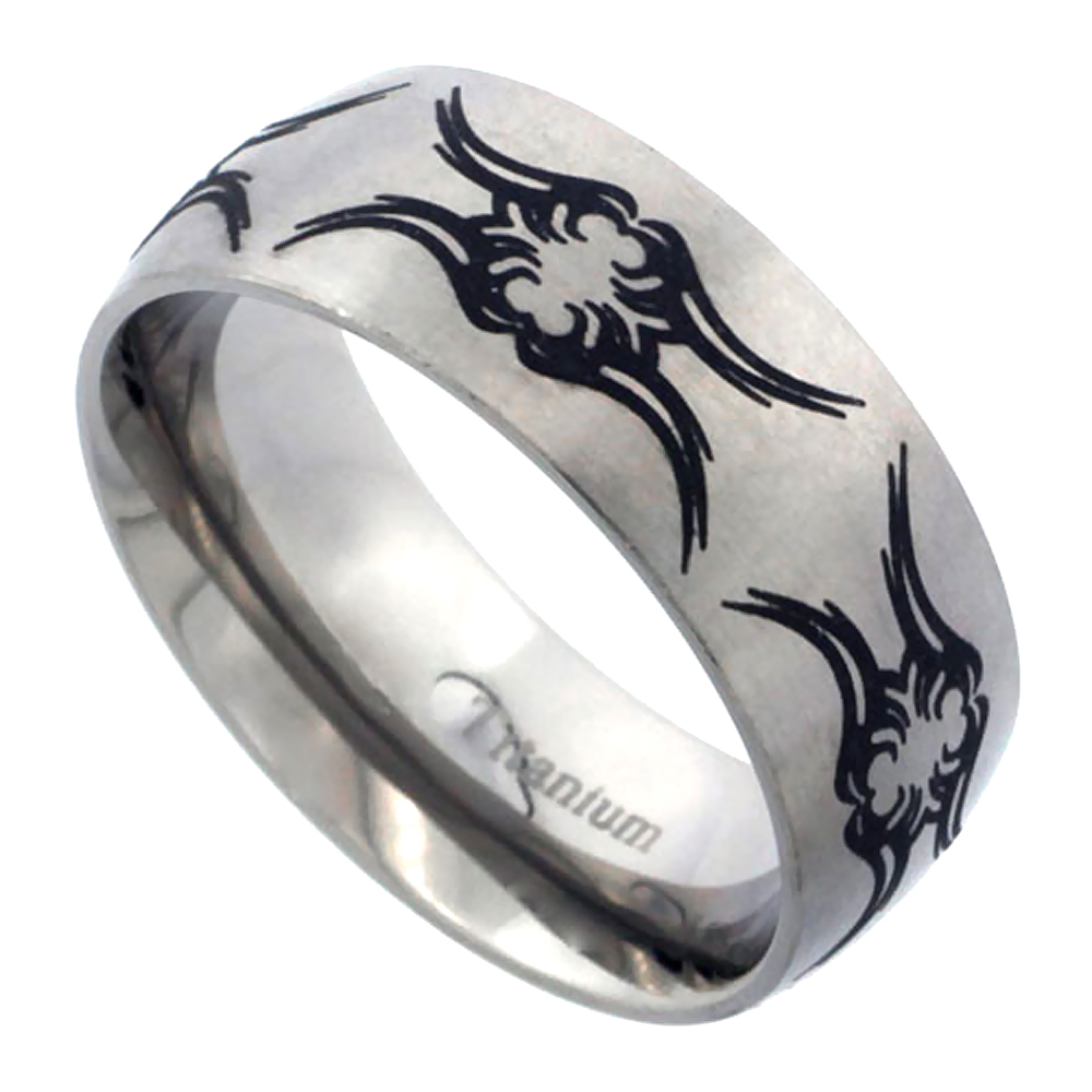 8mm Titanium Wedding Band Tribal Ring Bee Pattern Brushed Finish Comfort Fit sizes 7 - 14