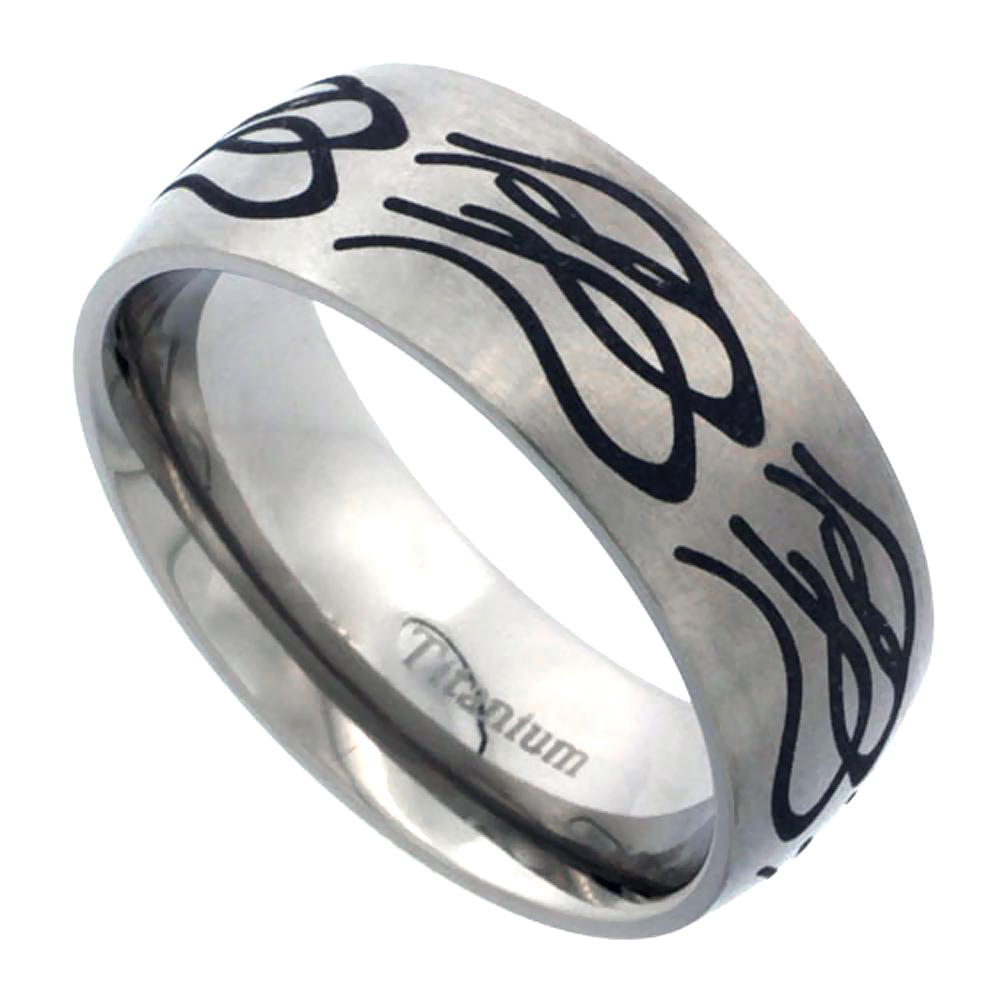 8mm Titanium Wedding Band Tribal Pattern Ring Brushed Finish Comfort Fit sizes 7 - 14