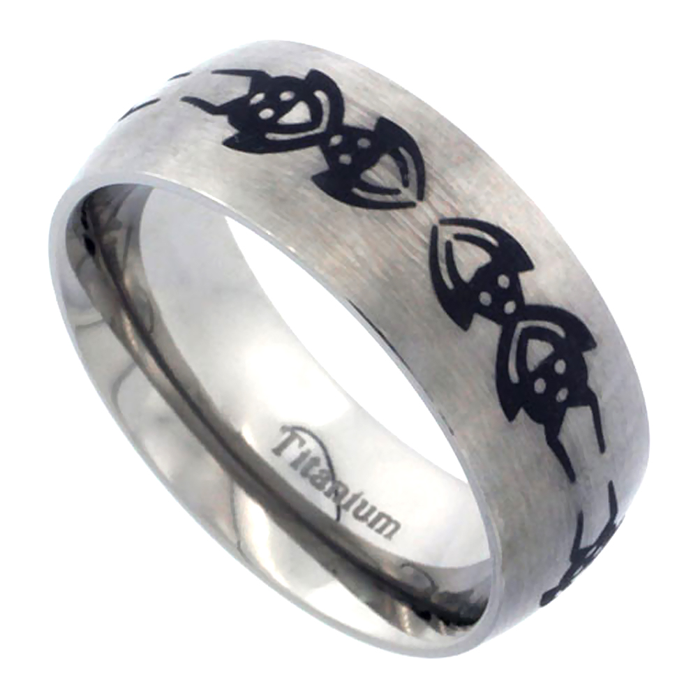 8mm Titanium Wedding Band Spider Ring Tribal Pattern Brushed Finish Comfort Fit sizes 7 - 14