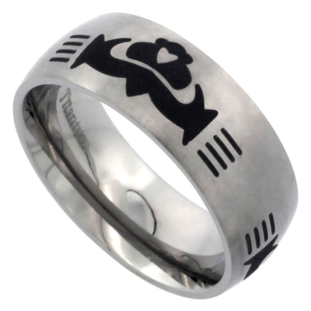 8mm Titanium Wedding Band Claddagh Ring Tribal Celtic Pattern Brushed Finish Comfort Fit sizes 7 - 14
