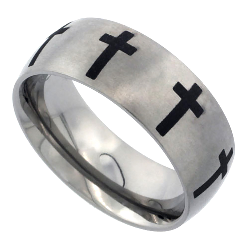 8mm Titanium Wedding Band Cross Ring Domed Brushed Finish Comfort Fit sizes 7 - 14