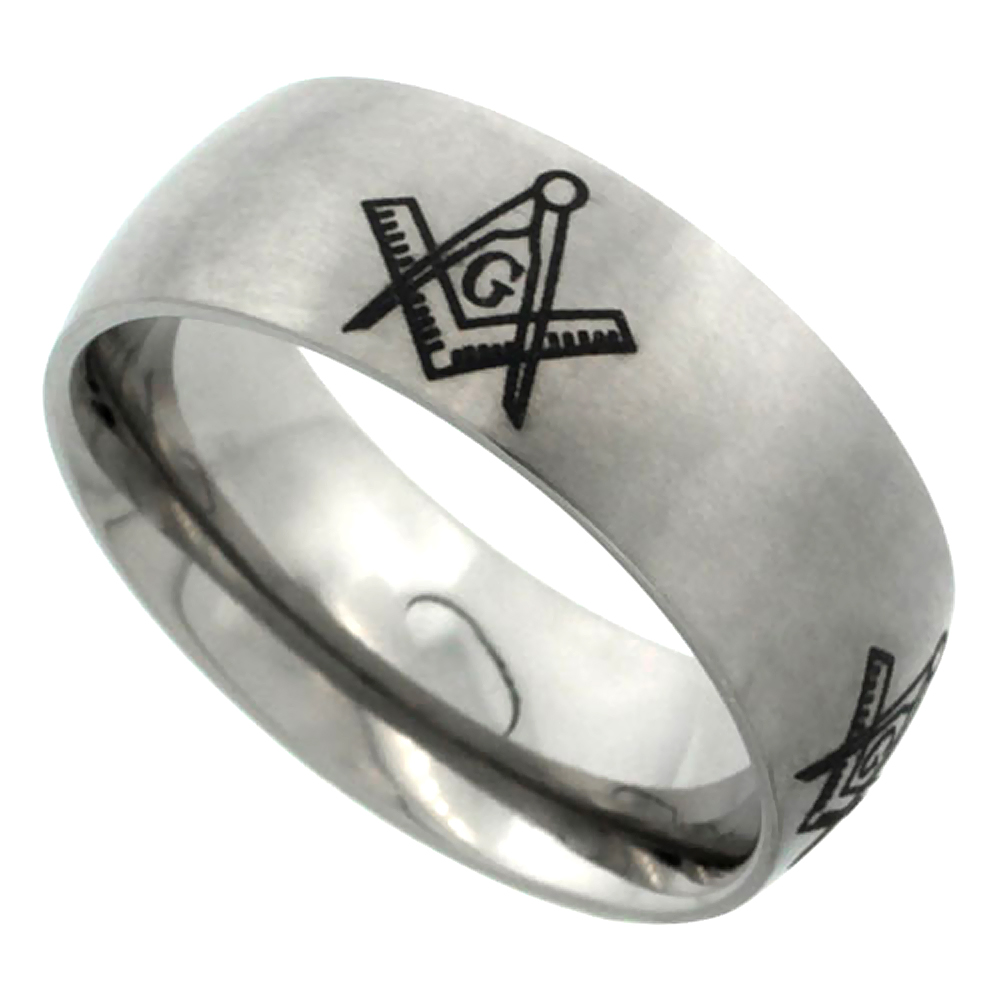 8mm Titanium Wedding Band Masonic Ring Square & Compass Domed Brushed Finish Comfort Fit sizes 7 - 14