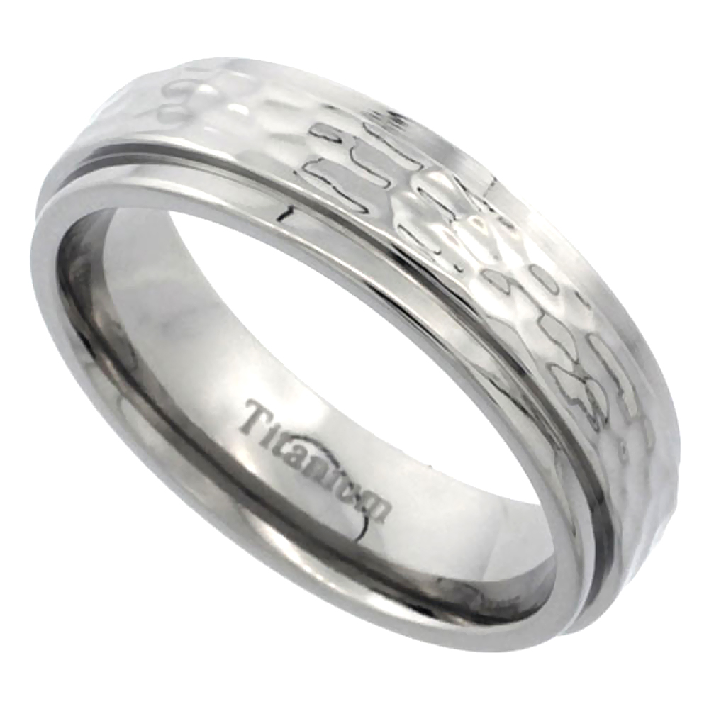 Titanium 6mm Wedding Band Hammered Ring Flat Beveled Edges Polish Finish Comfort Fit, sizes 7 - 14