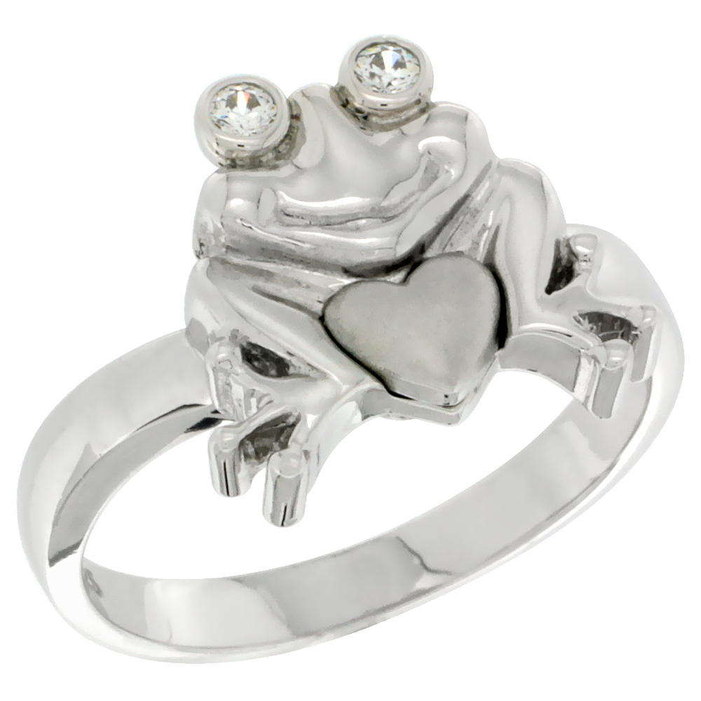 Sterling Silver Frog & Heart Ring CZ Stones Rhodium Finished 9/16 Inch Wide Sizes 5 - 8