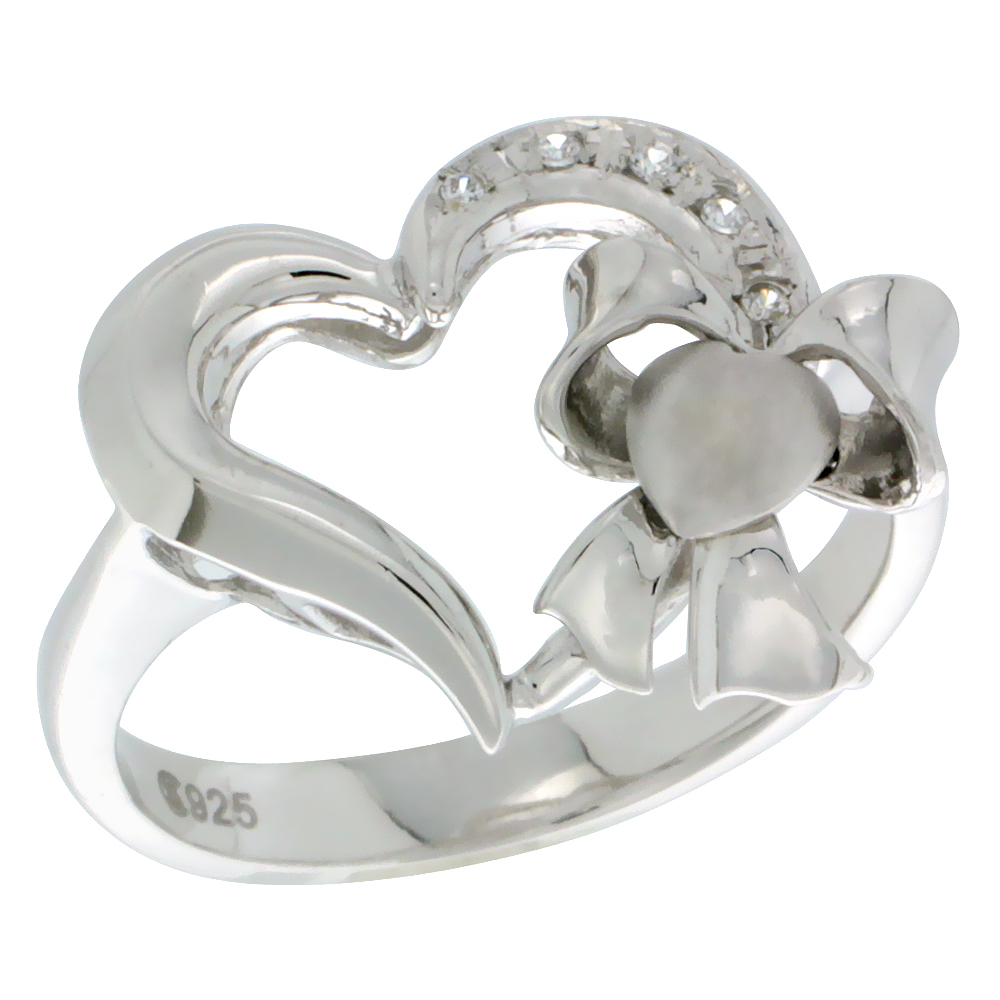 Sterling Silver Heart Ribbon Heart Ring CZ Stones Rhodium Finished 3/4 Inch Wide Sizes 5 - 8