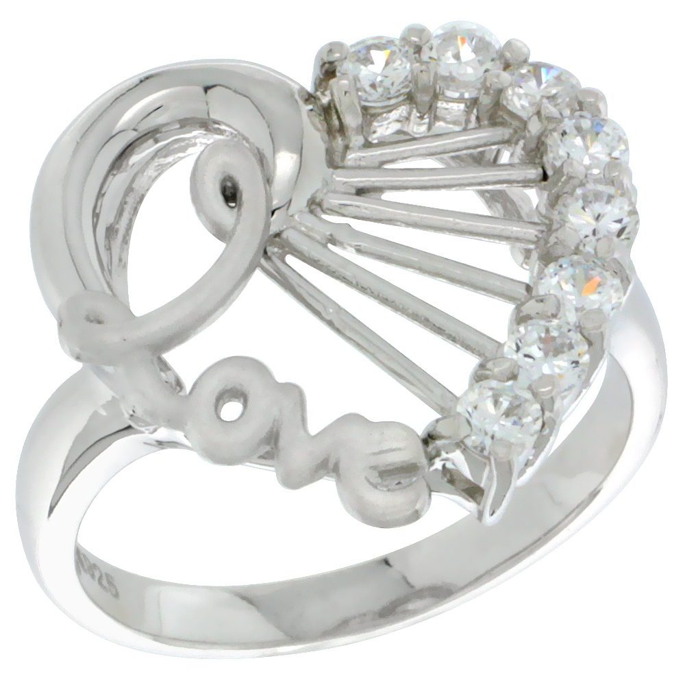 Sterling Silver Love Heart Ring CZ Stones Rhodium Finished 23/32 Inch Wide Sizes 5 - 8