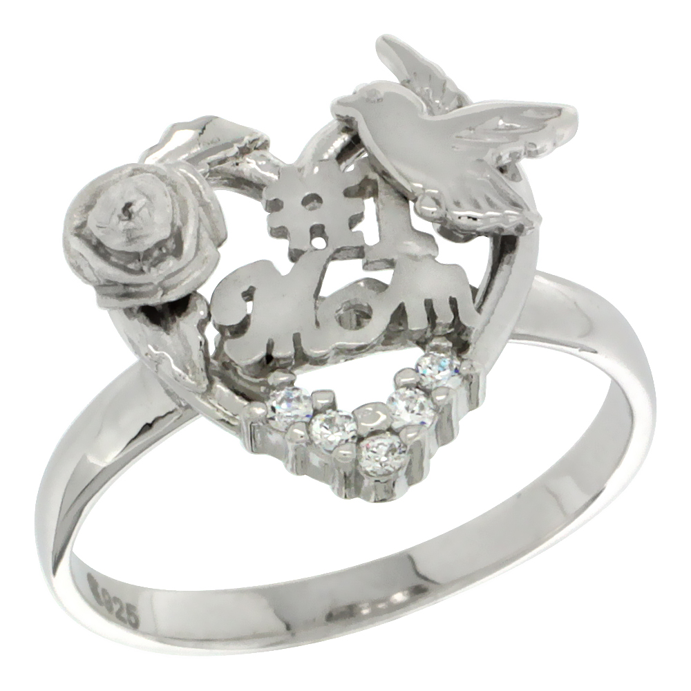 Sterling Silver #1 Mom Ring CZ Stones Rhodium Finished 5/8 Inch Wide Sizes 5 - 8