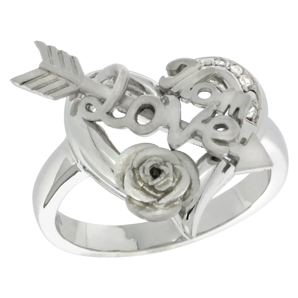 Sterling Silver Love Mom Cupid's Bow & Rose Heart Ring CZ Stones Rhodium Finished 25/32 Inch Wide Sizes 5 - 8
