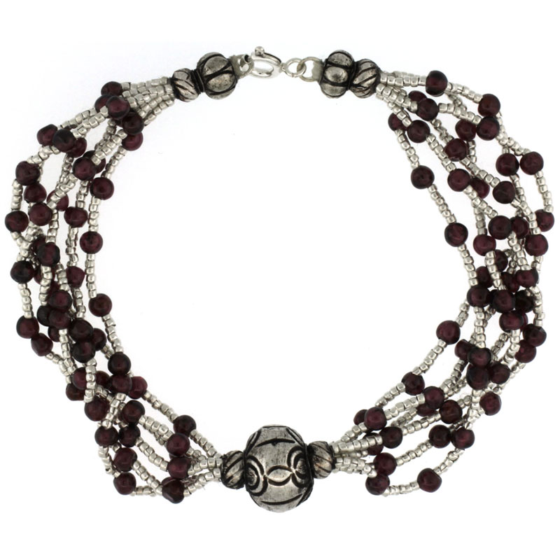 7 1/2 in. Sterling Silver 6-Strand Bali Style Garnet Bead Bracelet