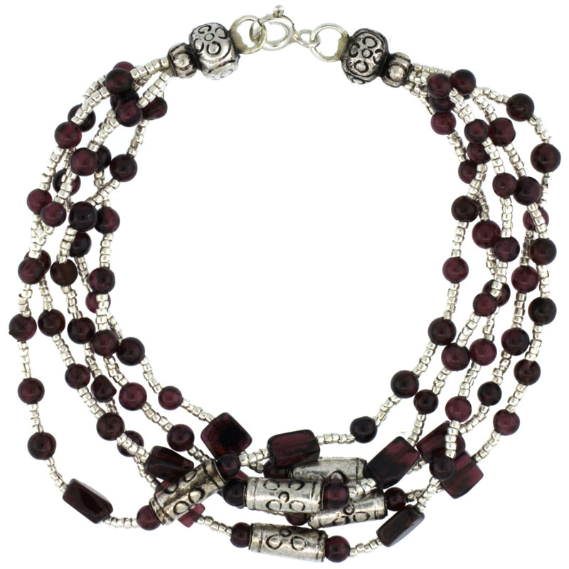 7 in. Sterling Silver 5-Strand Bali Style Garnet Bead Bracelet