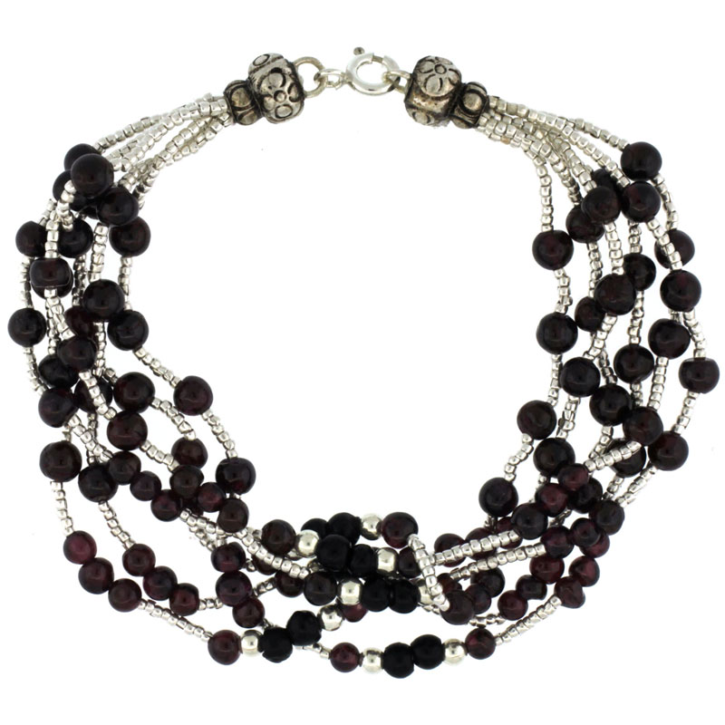 7 in. Sterling Silver 6-Strand Bead Bracelet w/ Garnet & Black Onyx Beads