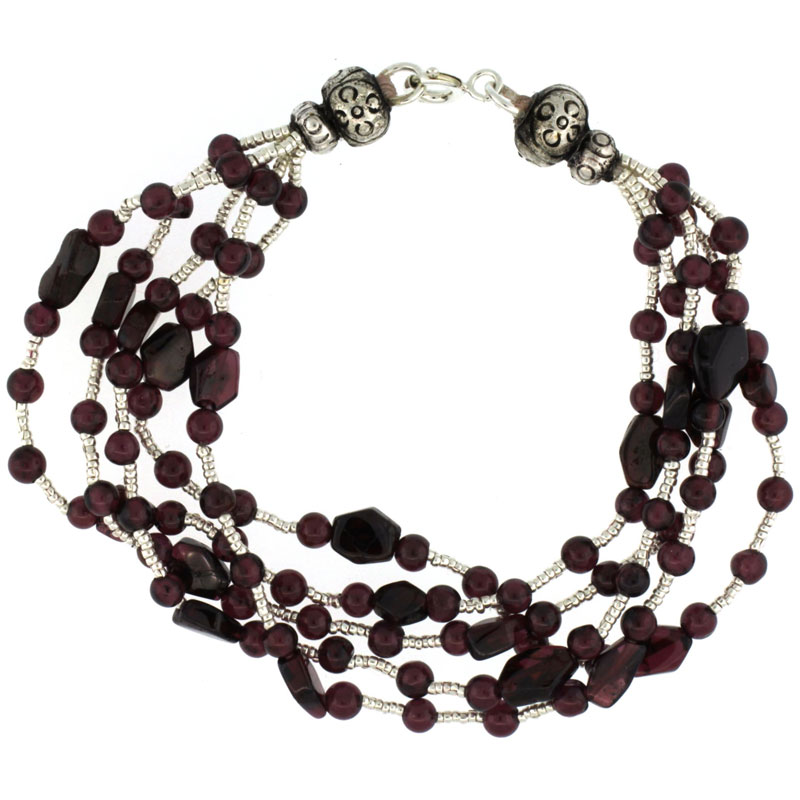 6 1/2 in. Sterling Silver 5-Strand Bali Style Garnet Bead Bracelet