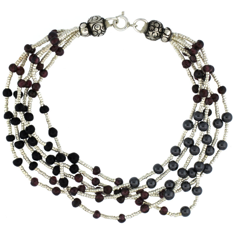 8 in. Sterling Silver 6-Strand Bali Style Bead Bracelet w/ Garnet, Black Onyx & Hematite Beads