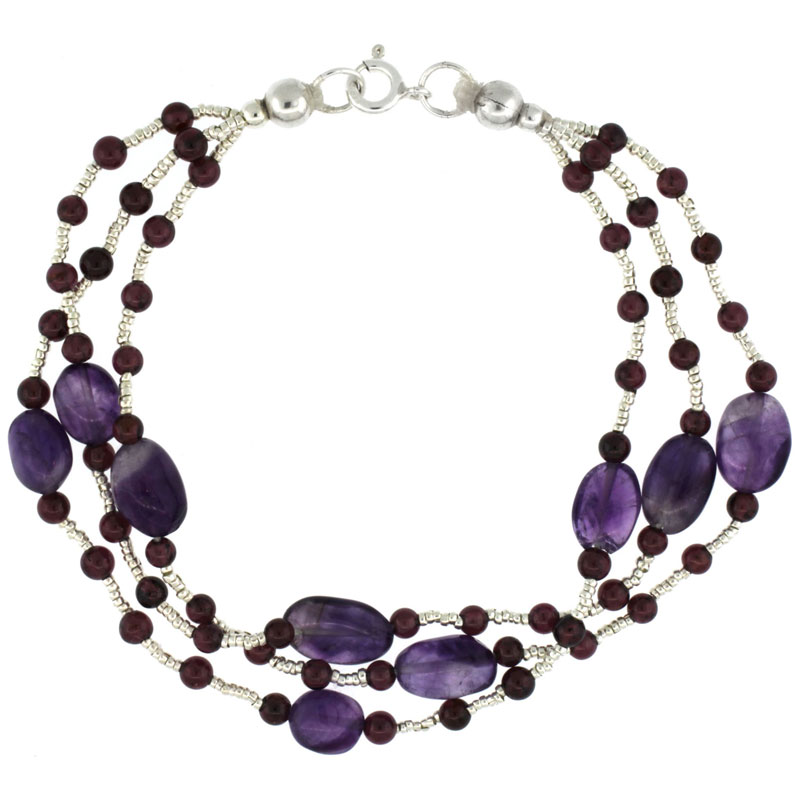 7 1/2 in. Sterling Silver 3-Strand Bead Bracelet w/ Garnet Beads & Amethyst Stones