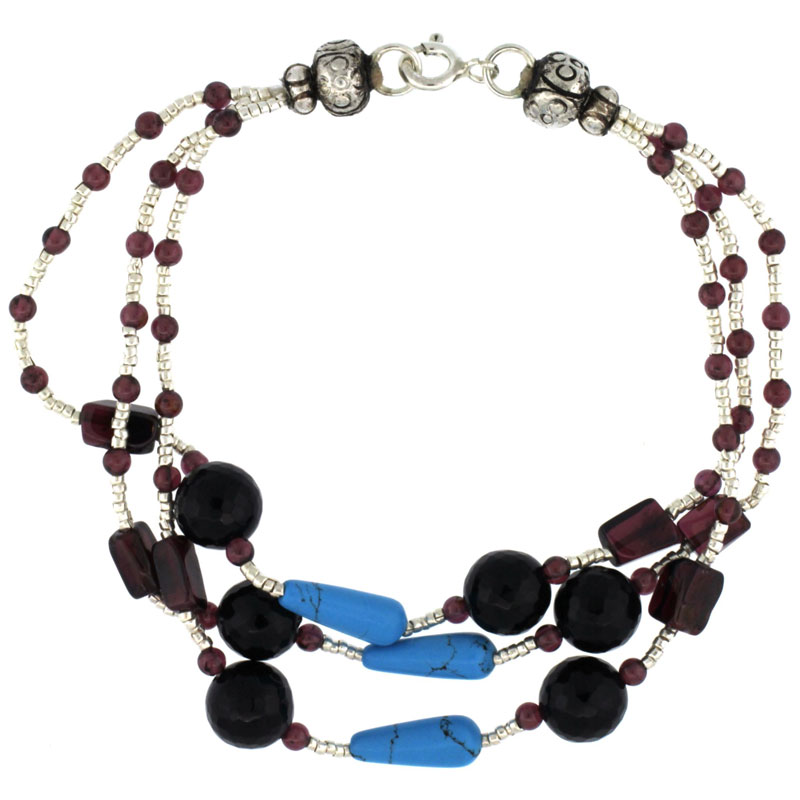 7 in. Sterling Silver 3-Strand Bead Bracelet w/ Garnet, Turquoise, Black Onyx & Amethyst Stones