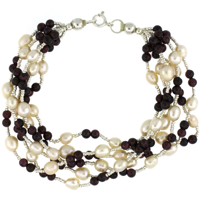 7 1/2 in. Sterling Silver 6-Strand Bead Bracelet w/ Freshwater Pearls & Garnet Beads