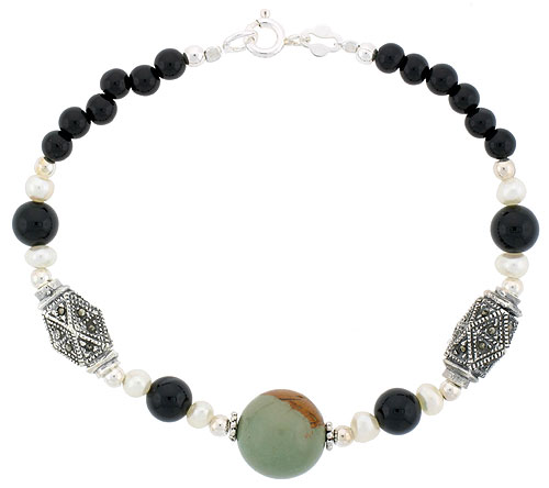 Natural Freshwater Pearls Marcasite Turquoise Onyx Bracelet Sterling Silver Findings, 7 inch