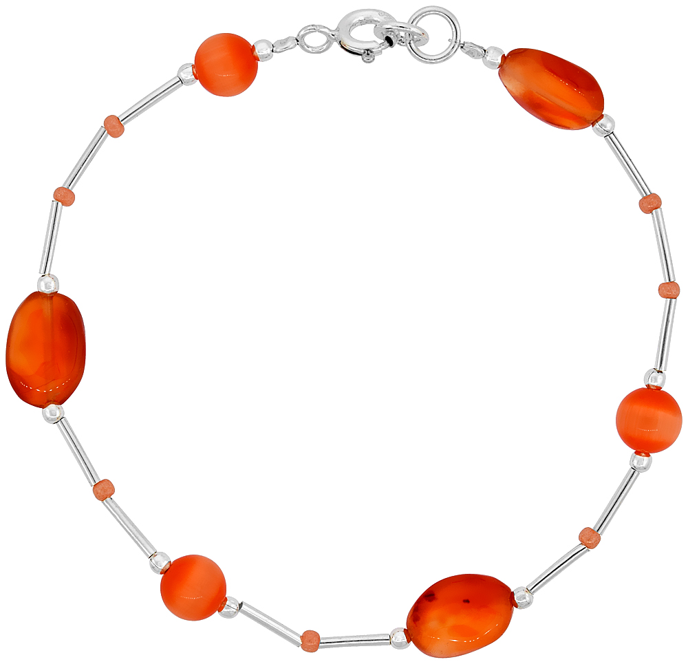 Natural Carnelian Liquid Silver Bracelet Sterling Silver Findings, 7 inch