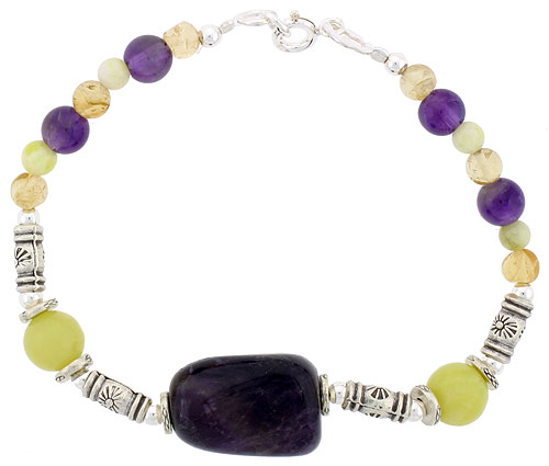 Natural Amethyst Serpentine & Citrine Bracelet Sterling Silver Findings, 7 inch
