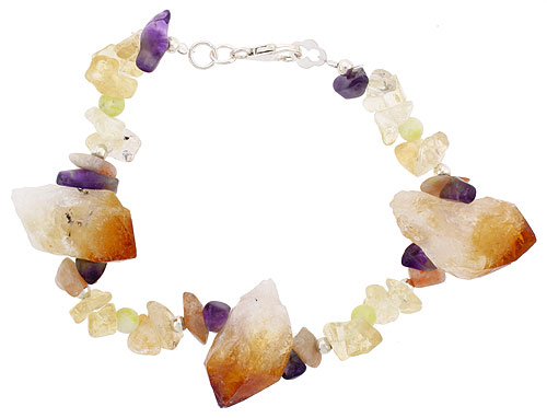 Natural Citrine Amethyst & Rutilated Quartz Bracelet Sterling Silver Findings, 7 inch