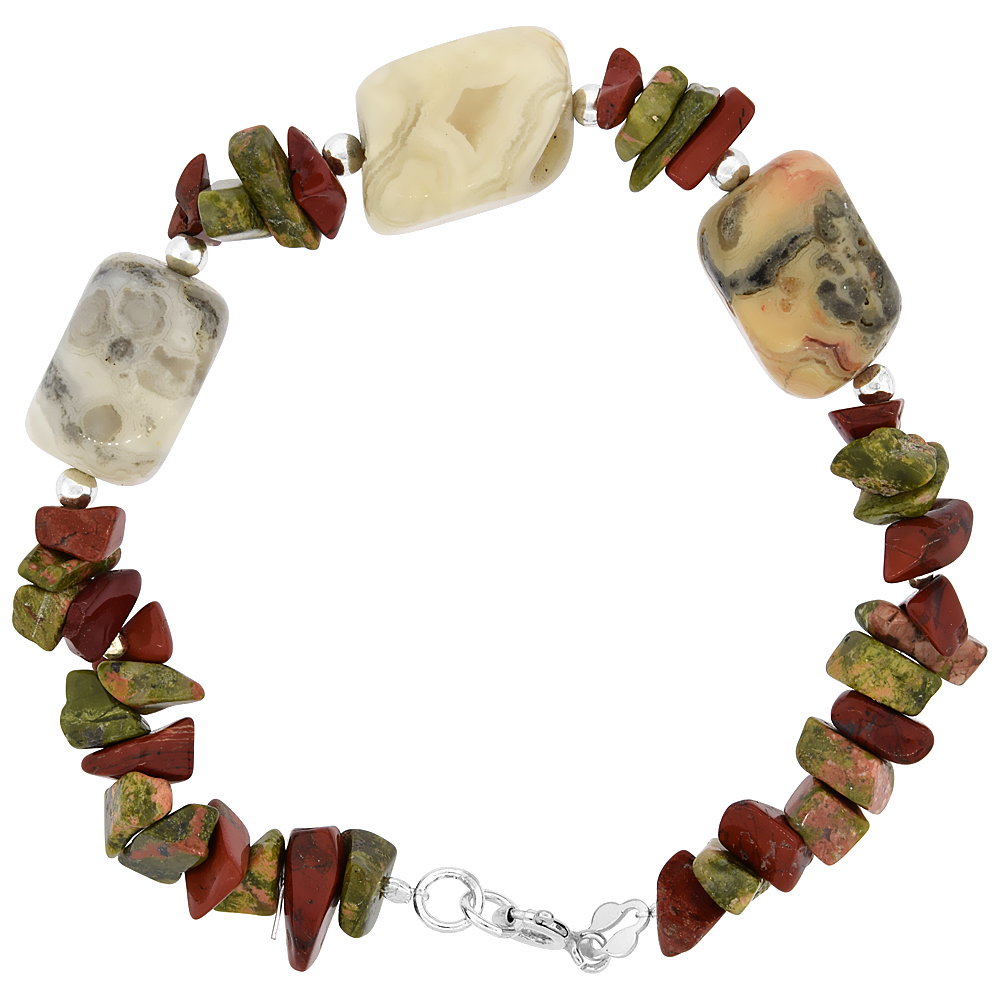 Natural Leopard Skin Jasper & Unakite Bracelet Sterling Silver Findings, 7 inch