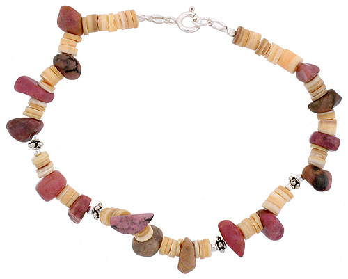 Natural Shell & Rhodonite Bracelet Sterling Silver Findings, 7 inch