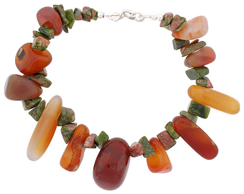Natural Carnelian & Unakite Bracelet Sterling Silver Findings, 7 inch