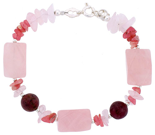 Natural Rose Quartz & Rhodonite Bracelet Sterling Silver Findings, 7 inch