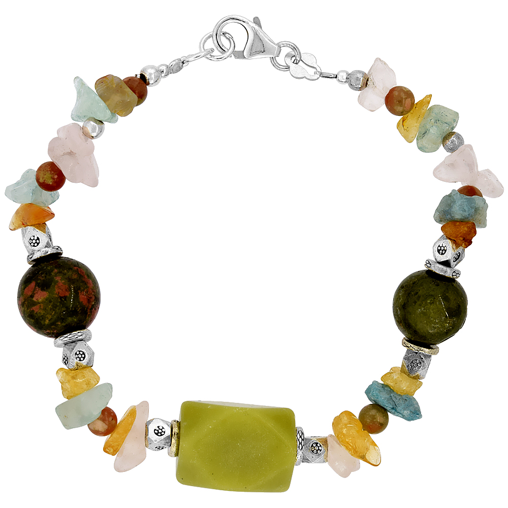 Natural Serpentine Rose Quartz Unakite Aquamarine & Citrine Bracelet Sterling Silver Findings, 7 inch
