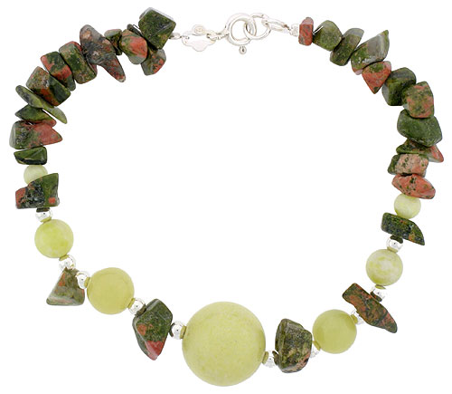 Natural Serpentine & Unakite Bracelet Sterling Silver Findings, 7 inch
