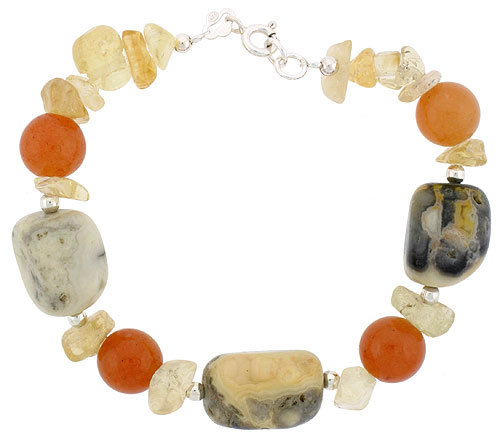 Natural Carnelian Picture Jasper & Citrine Bracelet Sterling Silver Findings, 7 inch