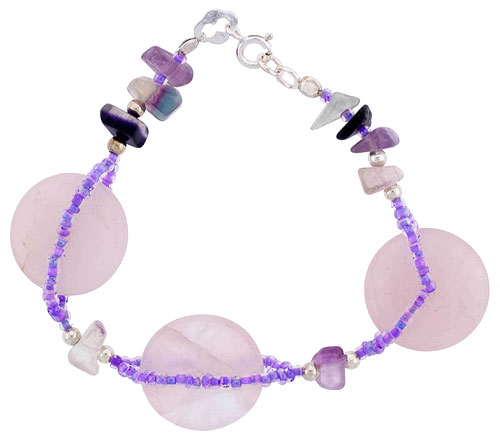 Natural Rose Quartz & Fluorite Bracelet Sterling Silver Findings, 7 inch